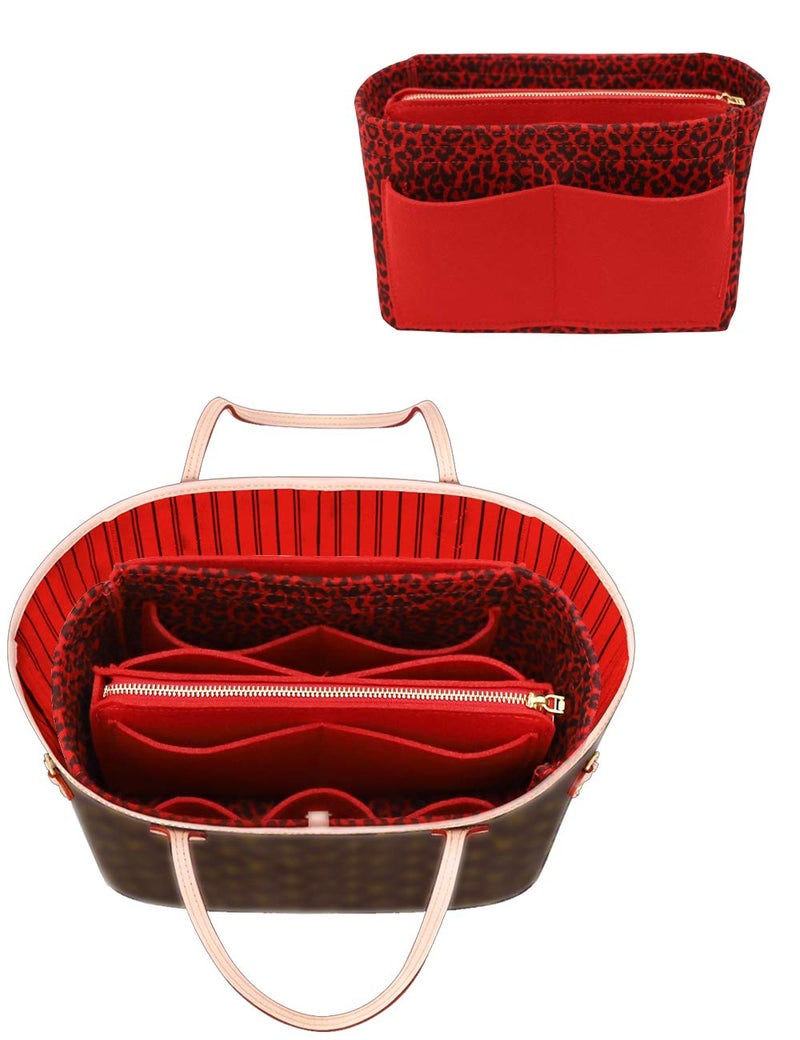 LEXSION Felt Purse Bag Organizer Insert with zipper Bag Tote Shaper Fit Speedy Neverful PM MM 8021 R-Leopard XL - Image 1